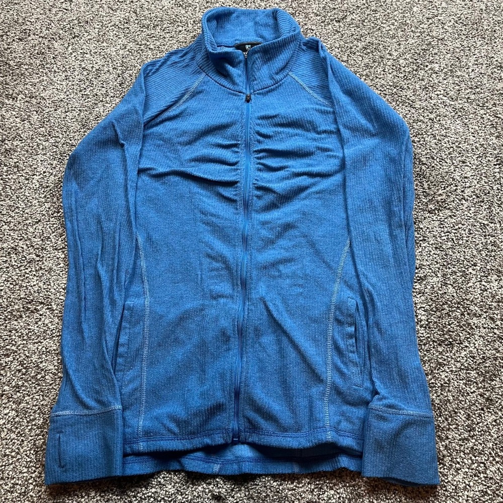 Kuhl Full Zip Jacket Womens s zip pockets Fleece Blue Thumbholes Outdoor Hiking